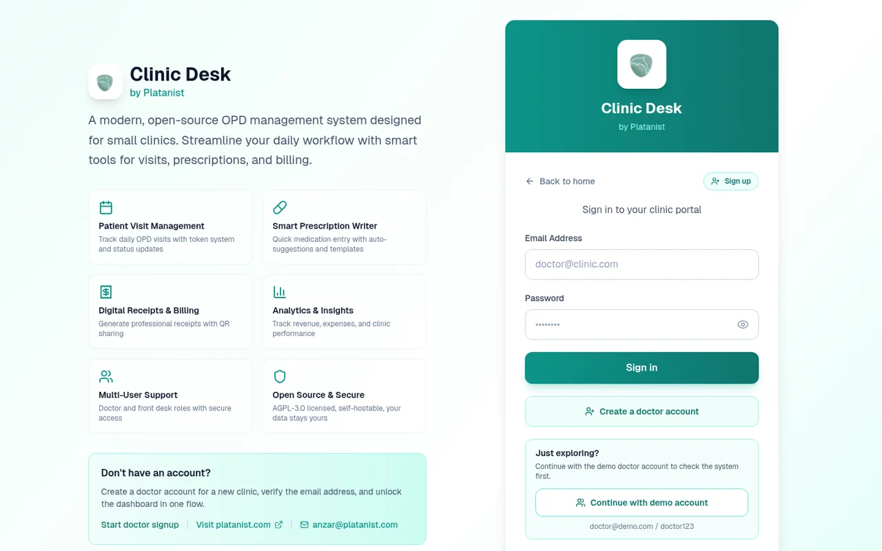 Clinic Desk sign-in and feature overview